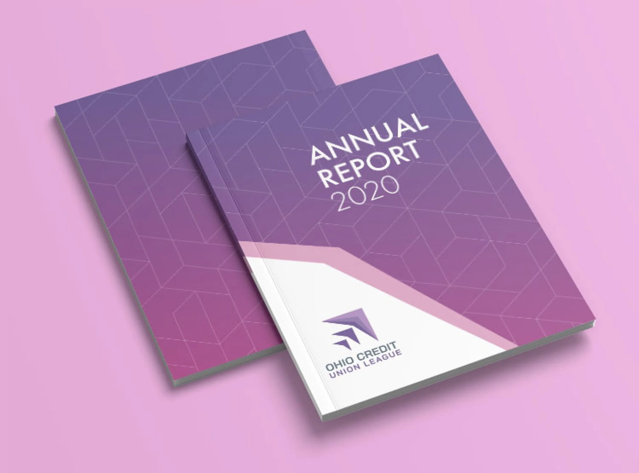 A purple booklet titled 'Annual Report 2020' with a geometric pattern on the cover, and a white section at the bottom showing the Ohio Credit Union League logo, placed on a pink background.