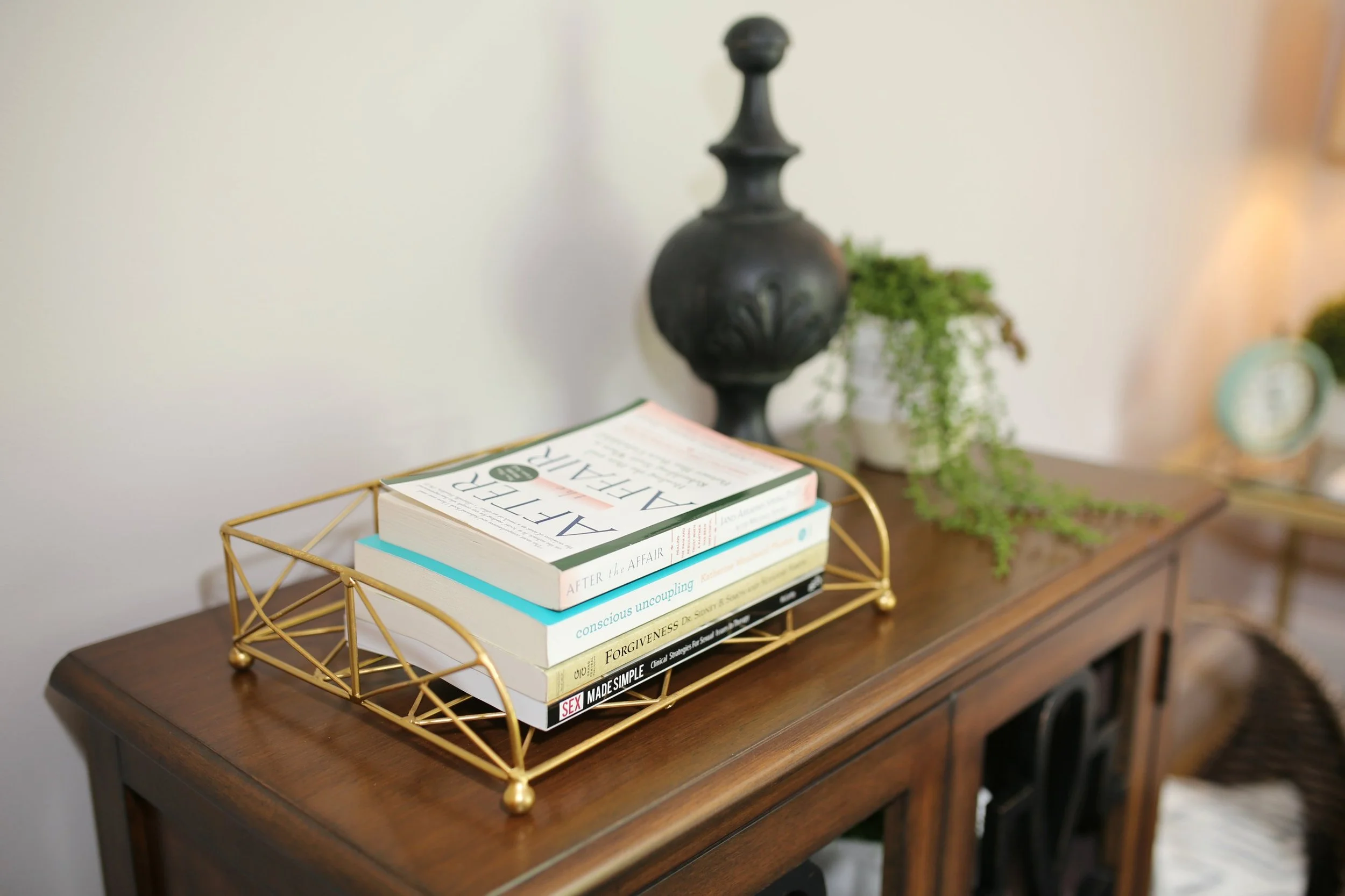 Books and decor in Laura Long’s therapy office in Five Forks, SC