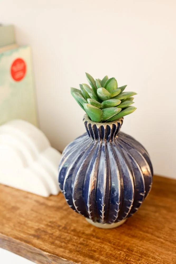 Blue vase and plant in the Five Forks Counseling Group office