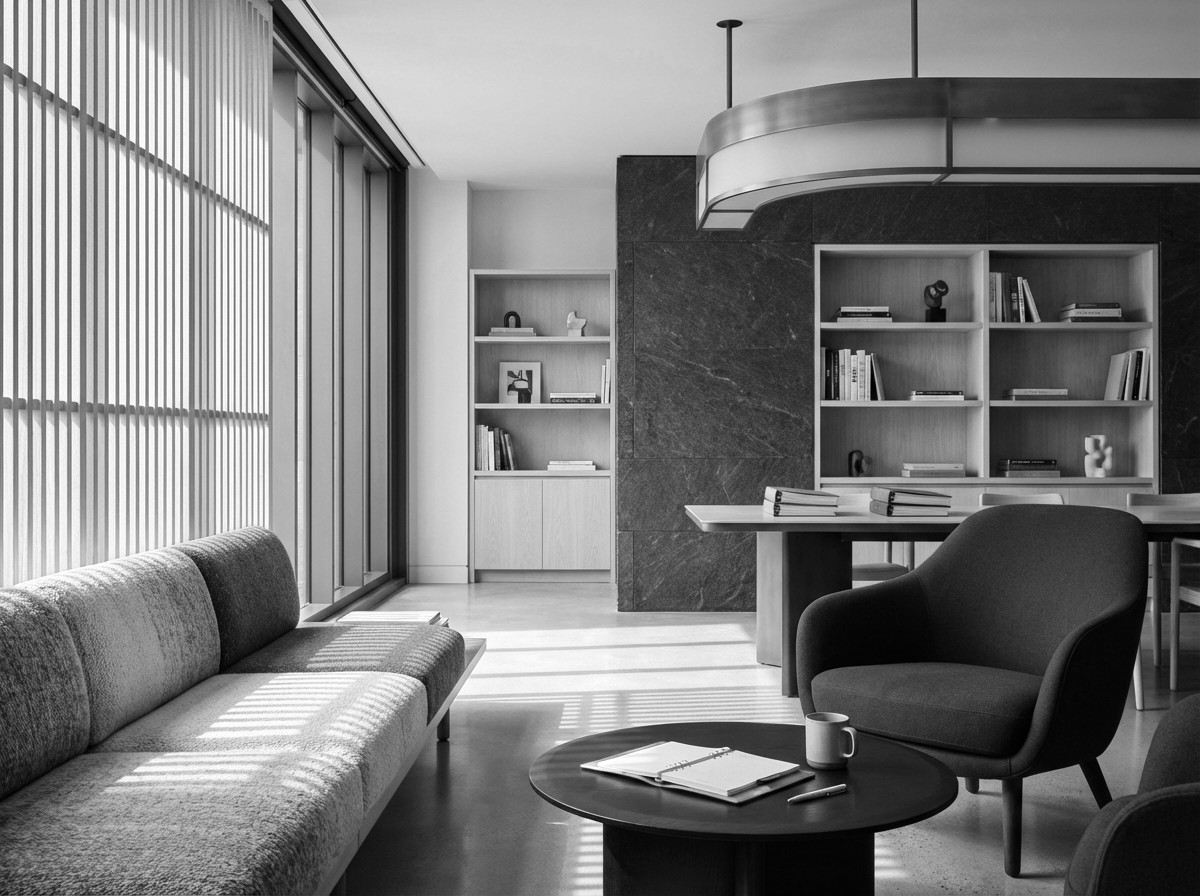 Modern living room with large sliding glass door, sofa, armchair, coffee table, bookshelf, and decorative items, in black and white.
