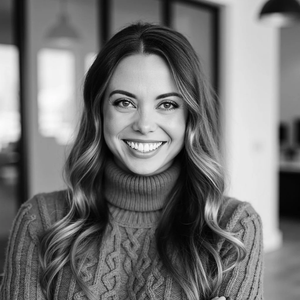Black and white photo of a woman with long wavy hair smiling, wearing a turtleneck sweater with a cable knit pattern, indoors with blurred background.
