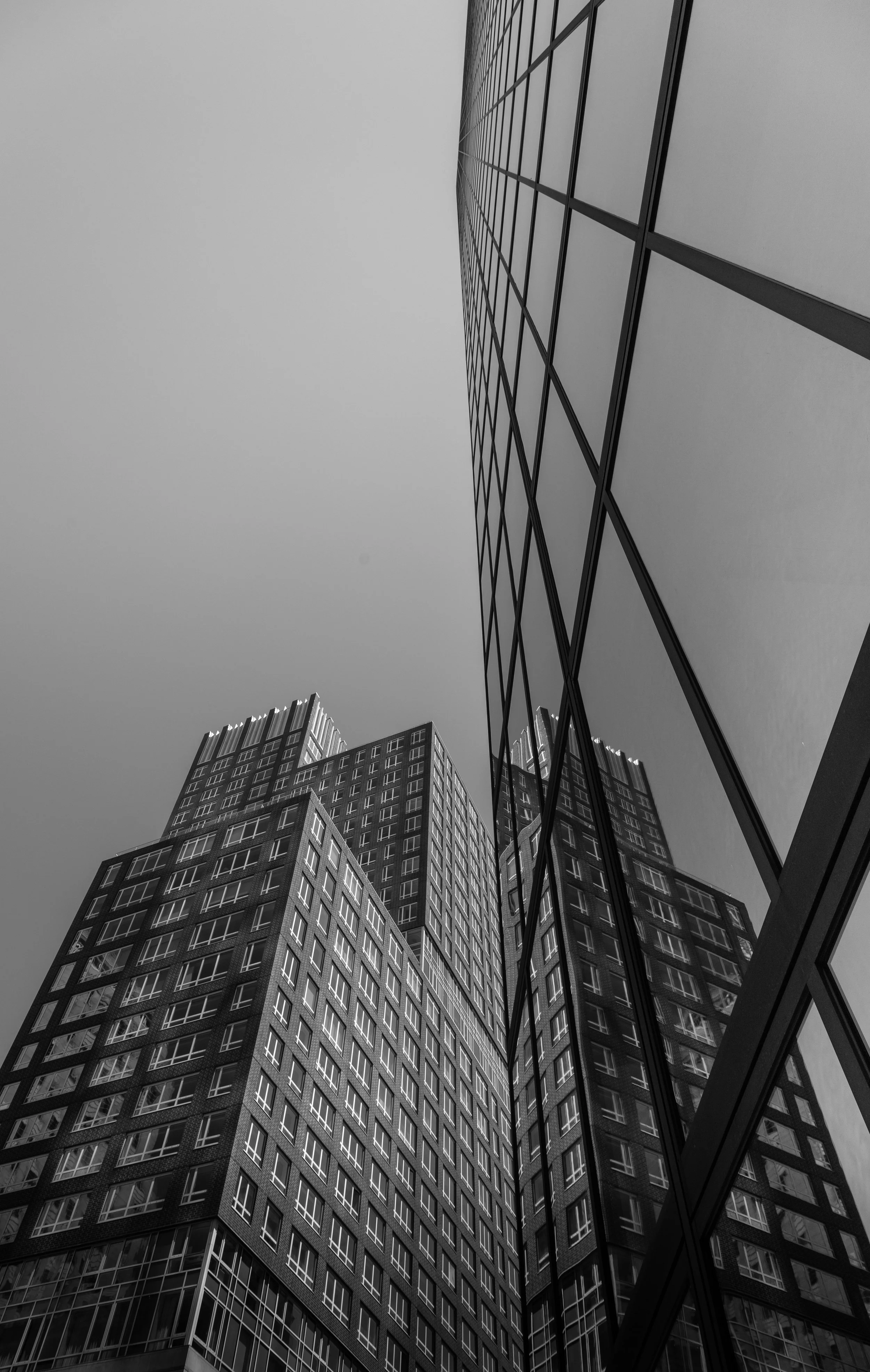 View of tall modern office buildings with glass facades, shot from ground level looking up, in black and white.