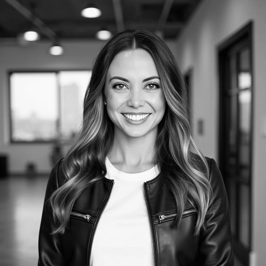 A smiling woman with long wavy hair, wearing a leather jacket, indoors with large windows and ceiling lights.