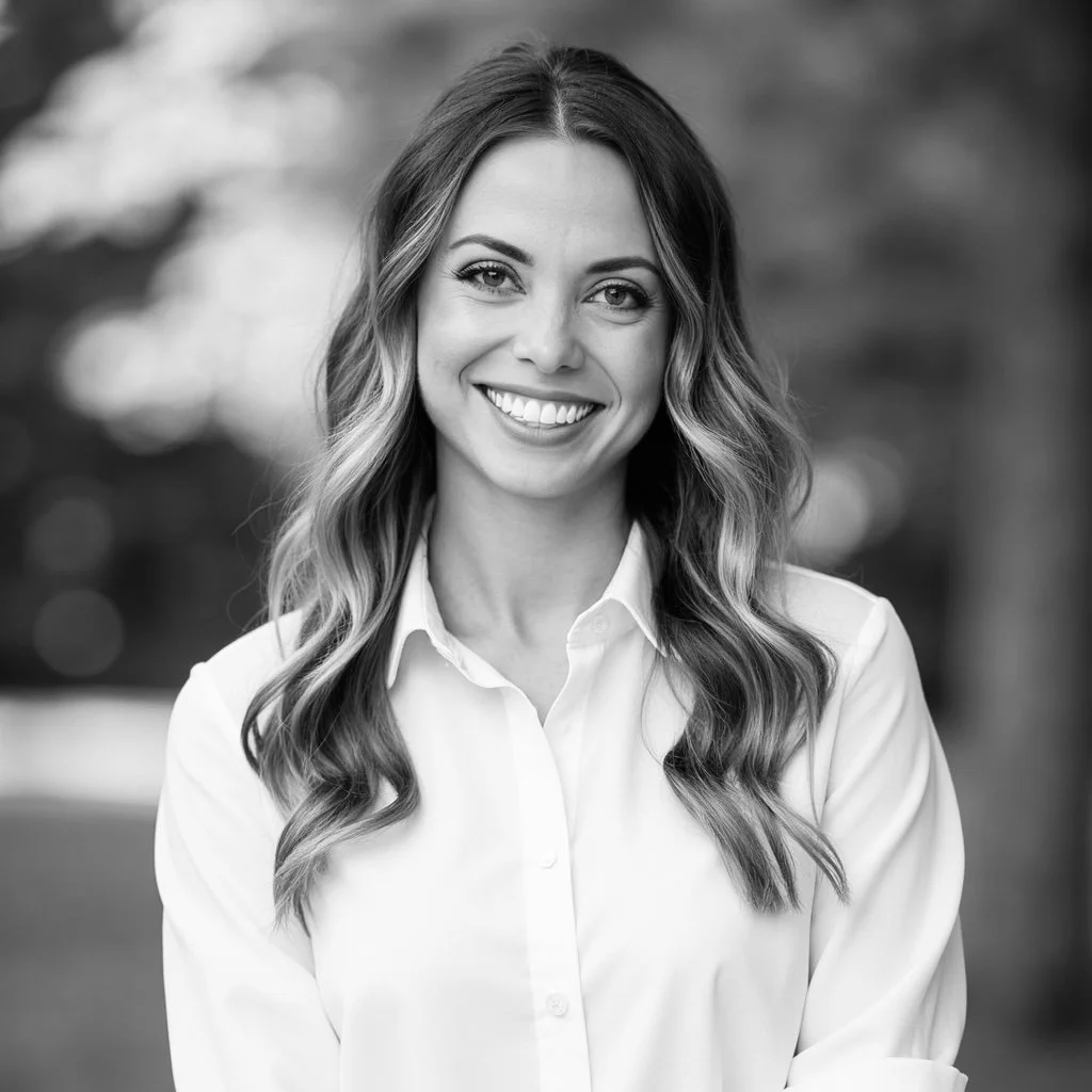 Black and white portrait of a smiling woman with wavy hair wearing a white collared shirt.