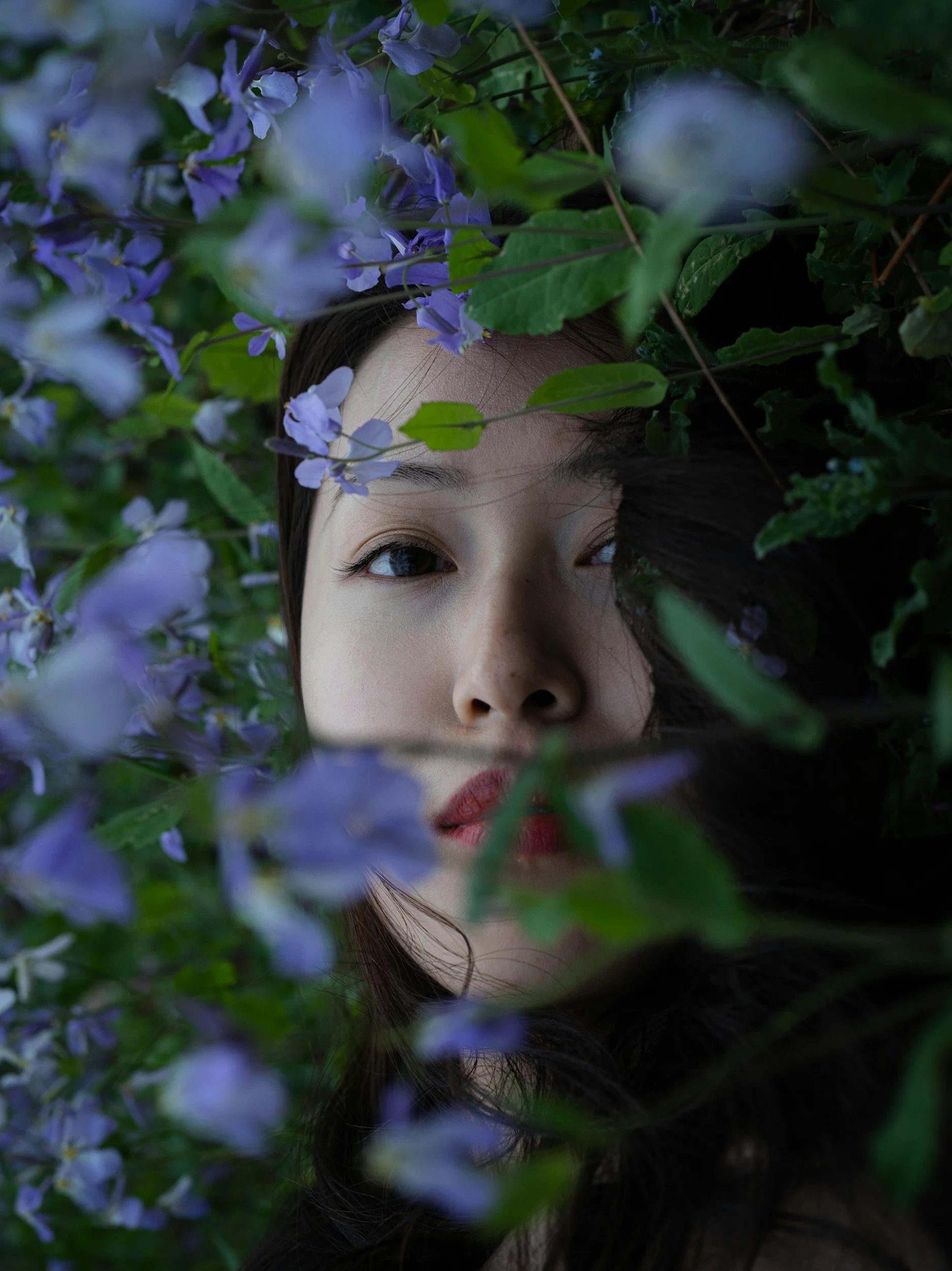 A woman's face partially visible among green leaves and light purple flowers, with only half of her face showing, including one eye and part of her lips.
