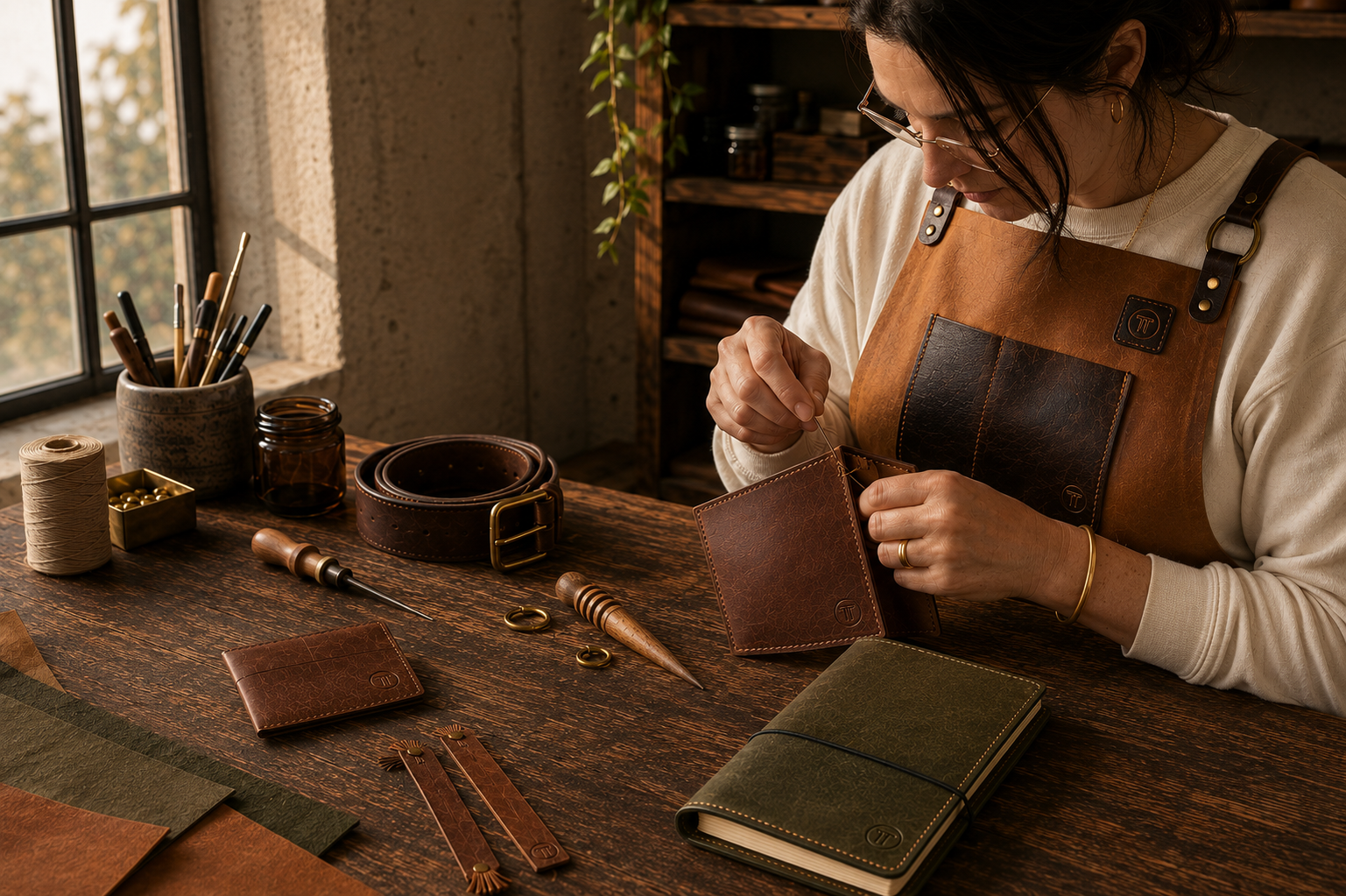 A person working on a leather wallet at a wooden craft table, surrounded by leatherworking tools and materials.