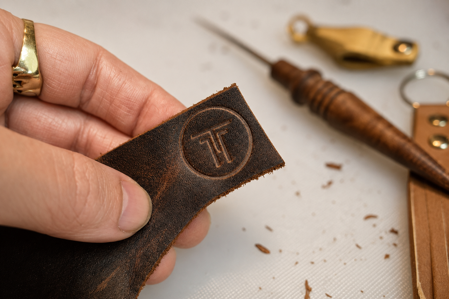 Person holding a piece of dark brown leather with the logo TT embossed on it, with tools including a rotary cutter and a scissors in the background on a work surface.