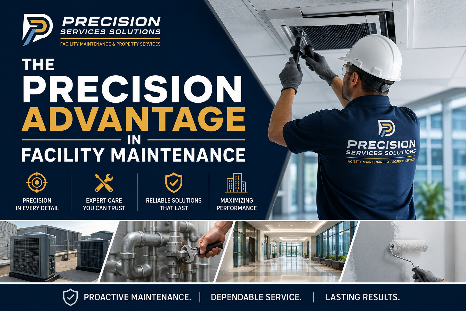 Advertisement for Precision Services Solutions highlighting their facility maintenance and property services, with a worker servicing an air conditioning unit, and images of HVAC equipment, plumbing, a spacious office lobby, and painting