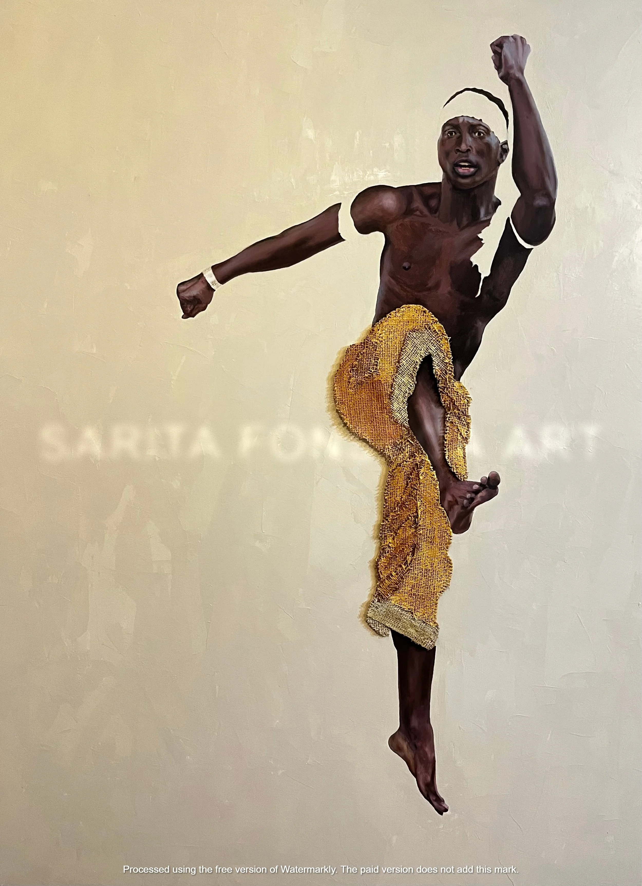 The Takeoff;
Oil on Canvas ;
48" x 36";
Magnetically detachable painted burlap trousers