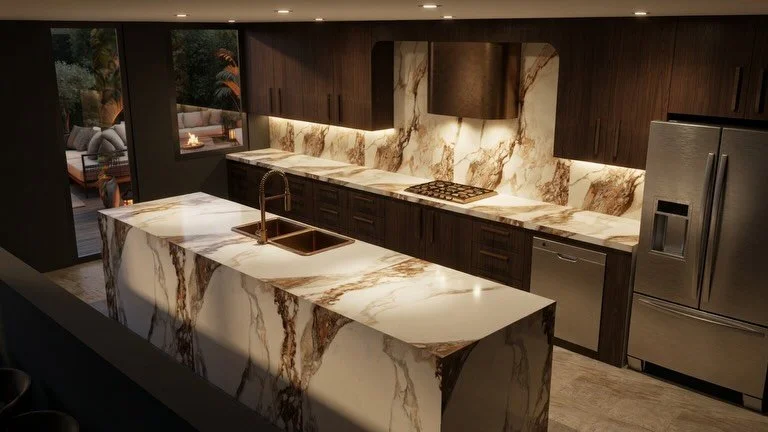 ✨ Golden Brown Kitchen Renovation ✨

A warm, modern, and sophisticated kitchen designed to feel both elevated and inviting. The rich brown cabinetry, bronze range hood, and waterfall-edge island come together to create a beautiful balance of warmth, 