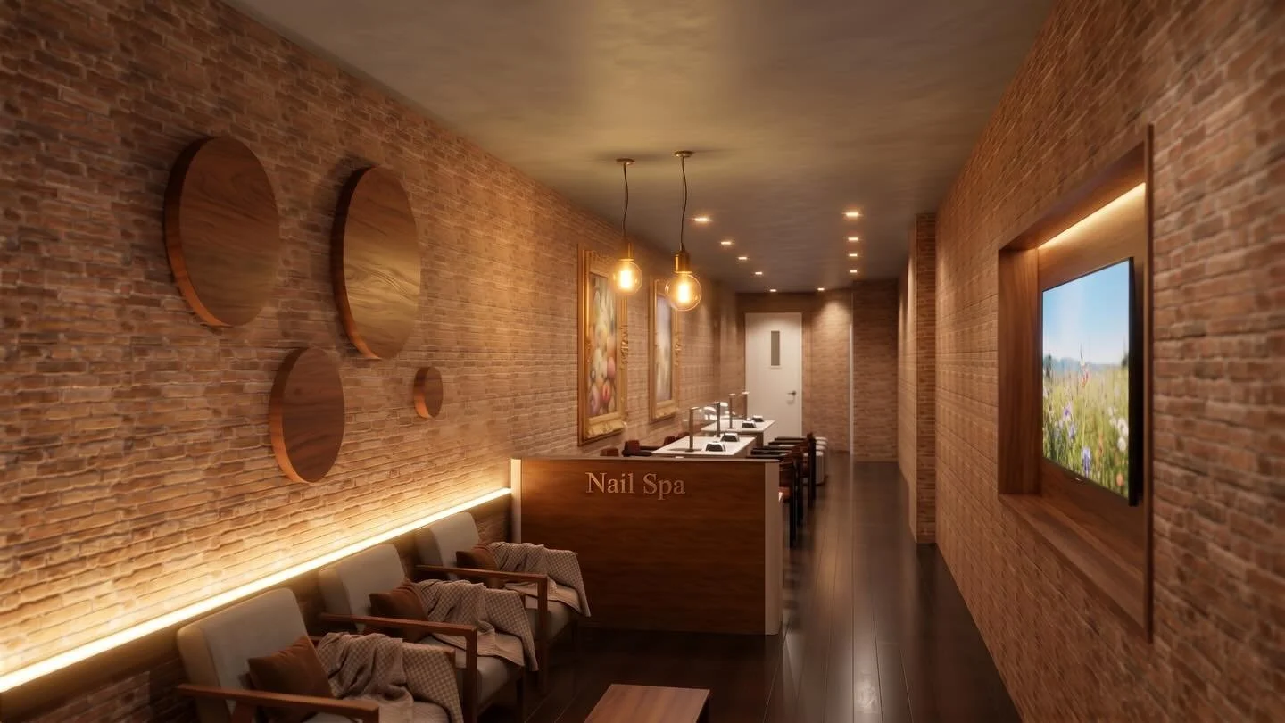 ✨ **From an empty retail space to a cozy nail salon with character.**

We embrace the beauty of the existing red brick and stone, reimagining it through a refreshed, contemporary design that celebrates warm terracotta, rich orange-brown tones, and pl
