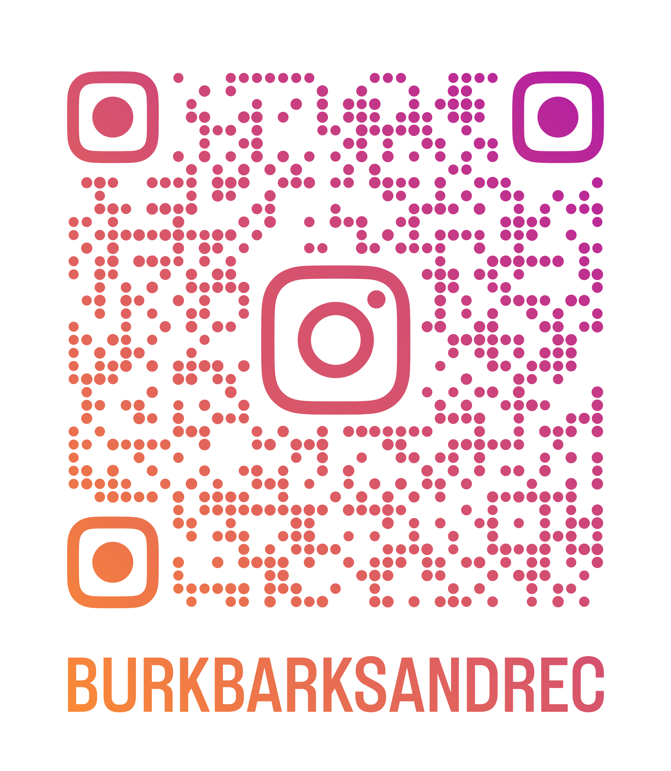 QR code in pink to purple gradient with Instagram logo on either side, and the text 'BURKBARKSANDREc' in orange below.