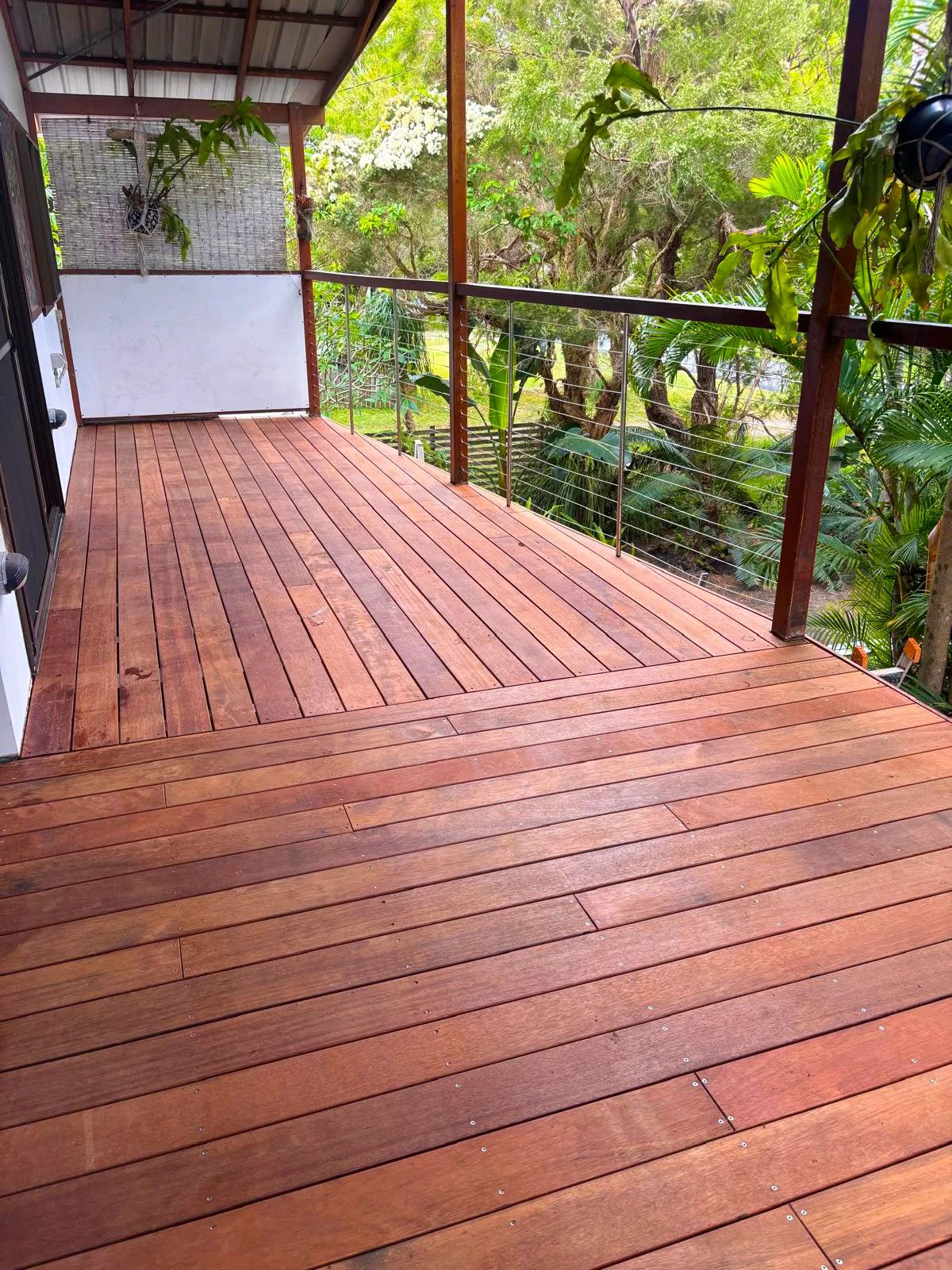 A wooden deck with a metal railing overlooks a lush, green forest with large trees and various plants.
