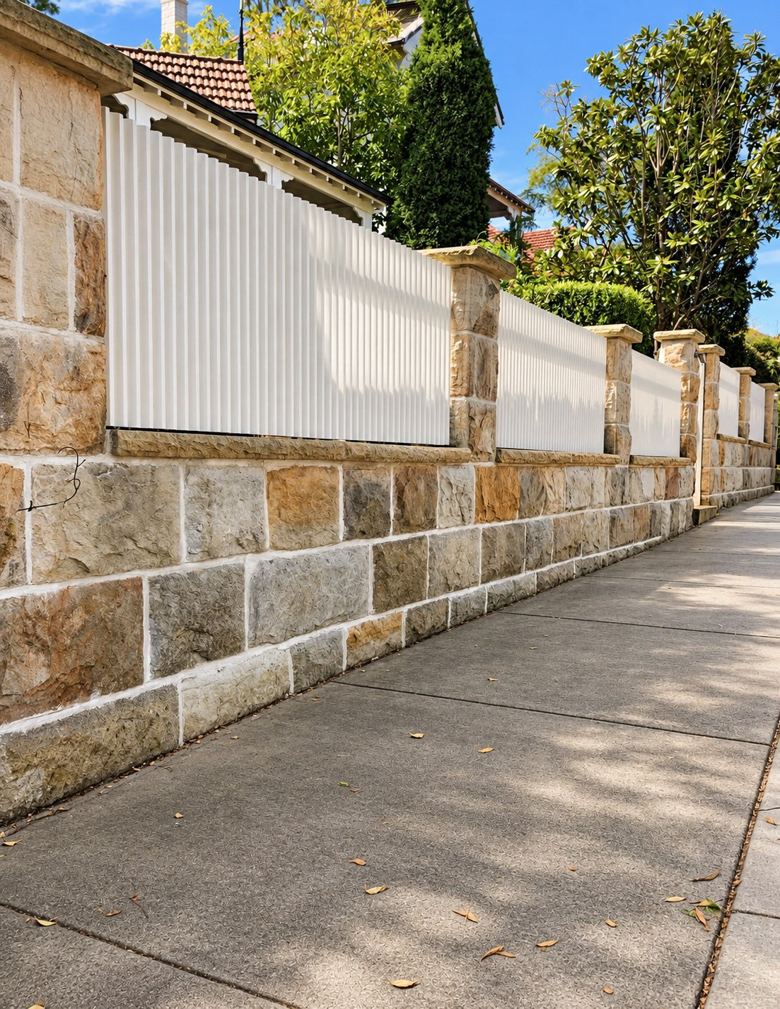 A stone wall with a white vinyl fence on top, along a sidewalk with fallen leaves, surrounded by trees and houses under a clear blue sky.