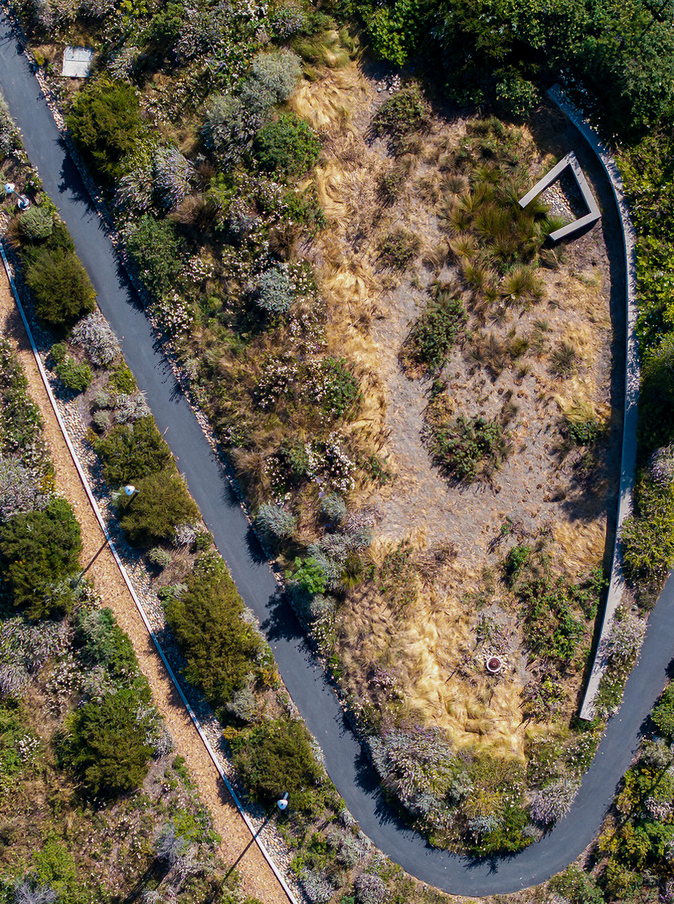 Aerial view of a park with winding pathways, landscaped bushes, and a small dirt area with sparse grass and plants.