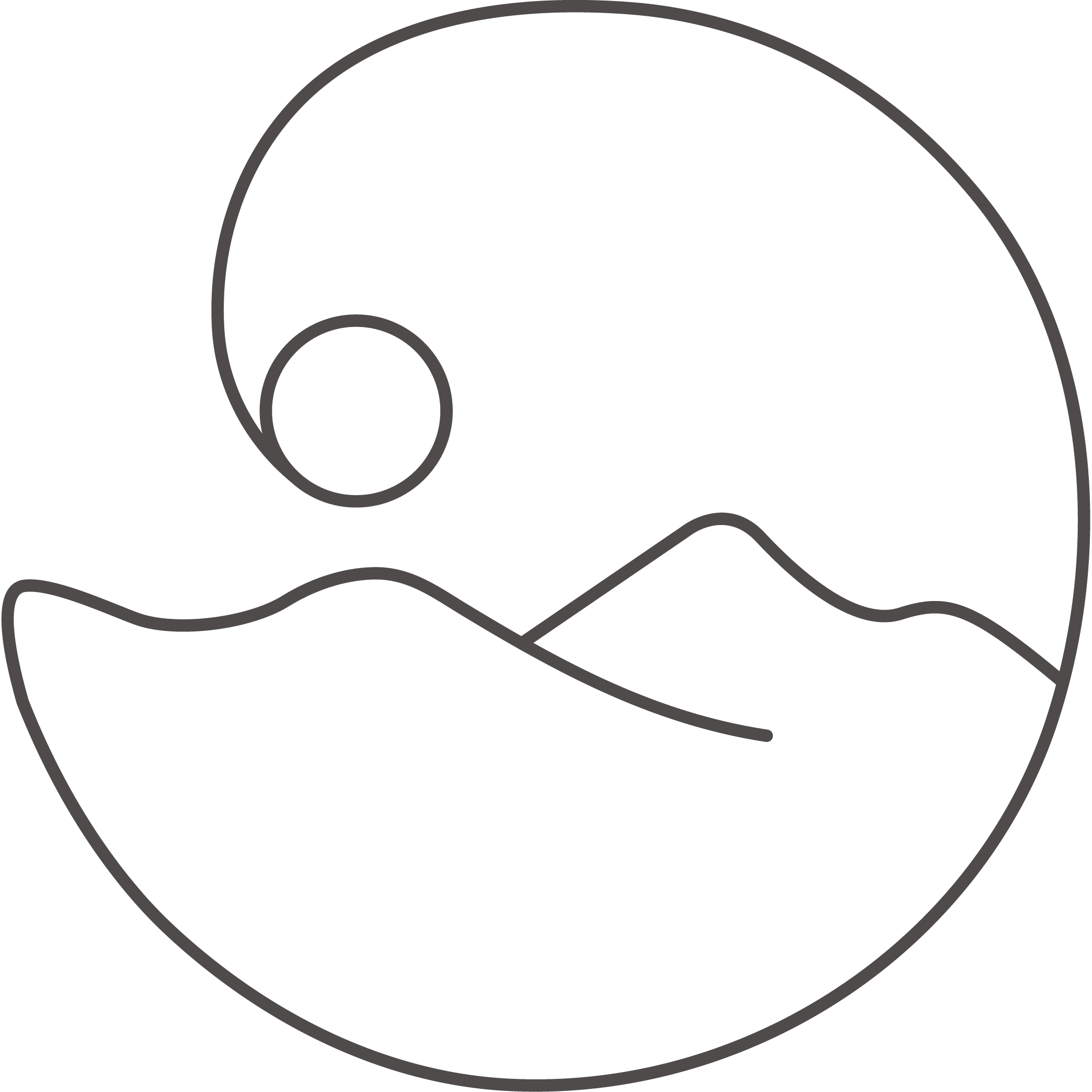 Black and white illustration of a whale swimming in the ocean, with waves at the bottom.