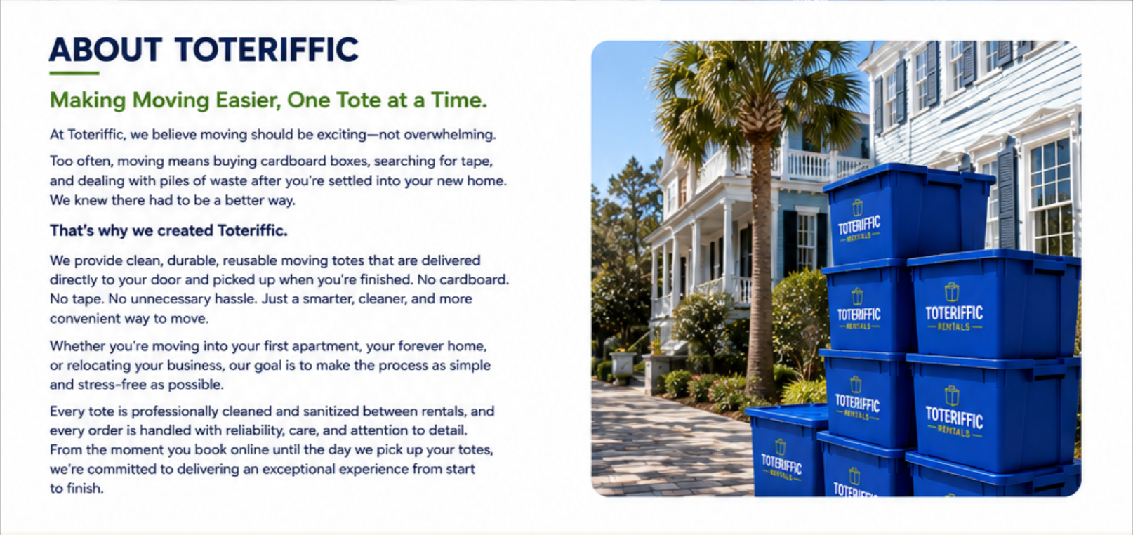 A brochure introducing Toteriffic, a company that provides reusable moving totes. The brochure features a photo of blue recycling bins labeled Toteriffic filled with moving boxes, set outside a white house with shutters and a palm tree, under a clear sky.