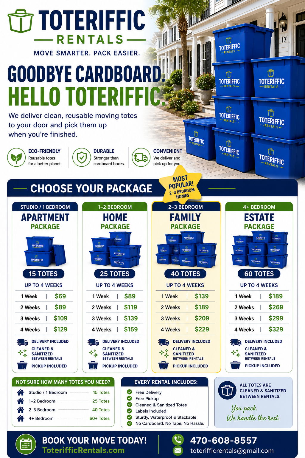 An advertisement for Toteriffic Rentals showcasing reusable moving totes in blue stacked outside a residential building, with details about different packages, pricing, and benefits.
