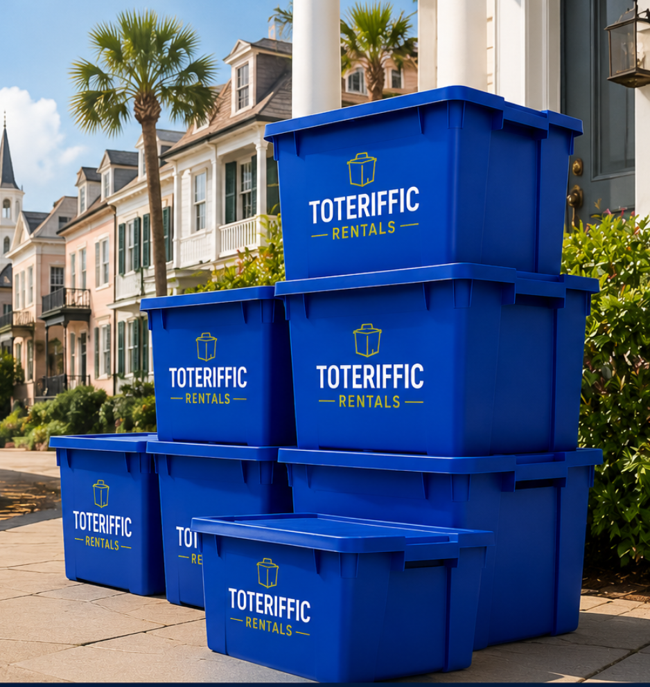 Five blue plastic rental containers labeled 'Toteriffic Rentals' stacked outside a row of colorful houses in a neighborhood, with palm trees and a clear blue sky in the background.