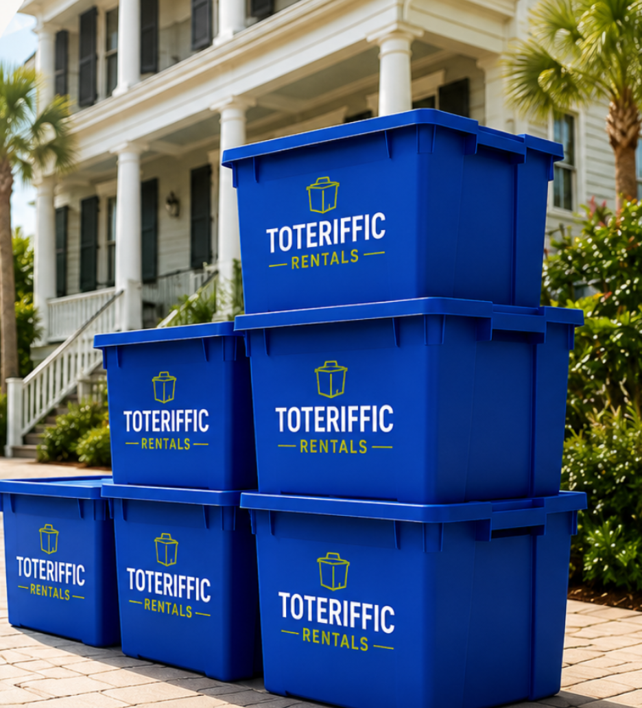 Stacked blue plastic storage bins labeled "Toteriffic Rentals" with a yellow trash can icon, outside a white house with palm trees.