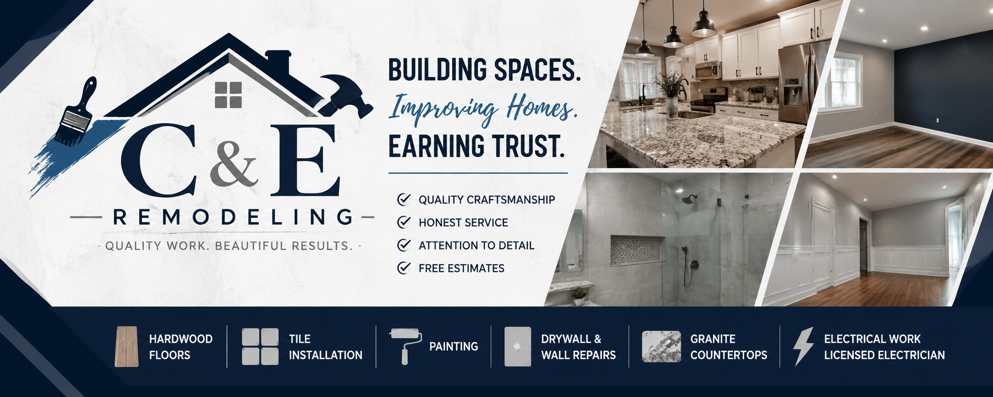 Advertisement for C & E Remodeling featuring images of renovated kitchens and living rooms. The ad emphasizes quality craftsmanship, honest service, attention to detail, and free estimates, with icons indicating services like hardwood floors, tile installation, painting, drywall and wall repairs, granite countertops, and electrical work.