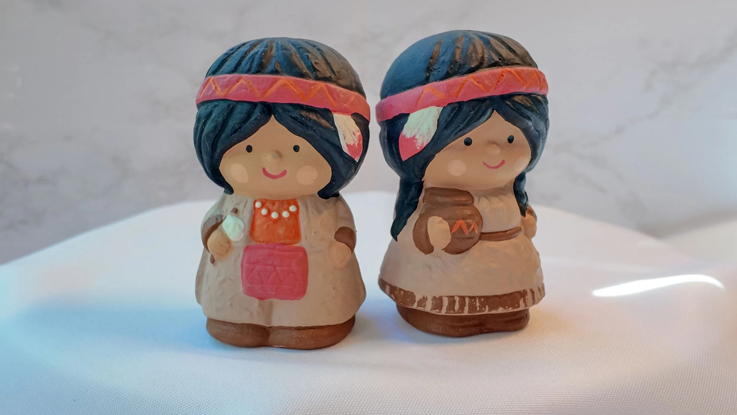 Native Girl Salt and Pepper Shakers, Hand-Painted Ceramic, 1970s