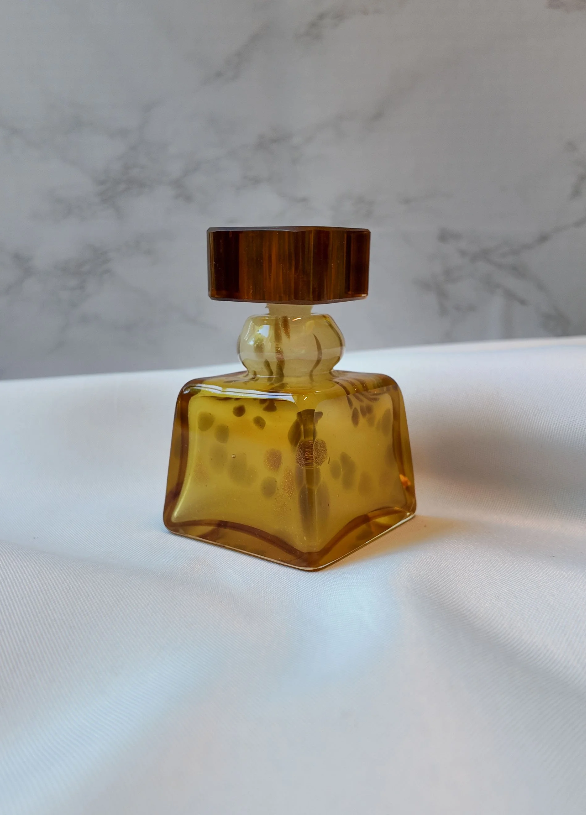 Amber Art Glass Perfume Bottle with Faceted Block Stopper and Gold Fleck Spatter
