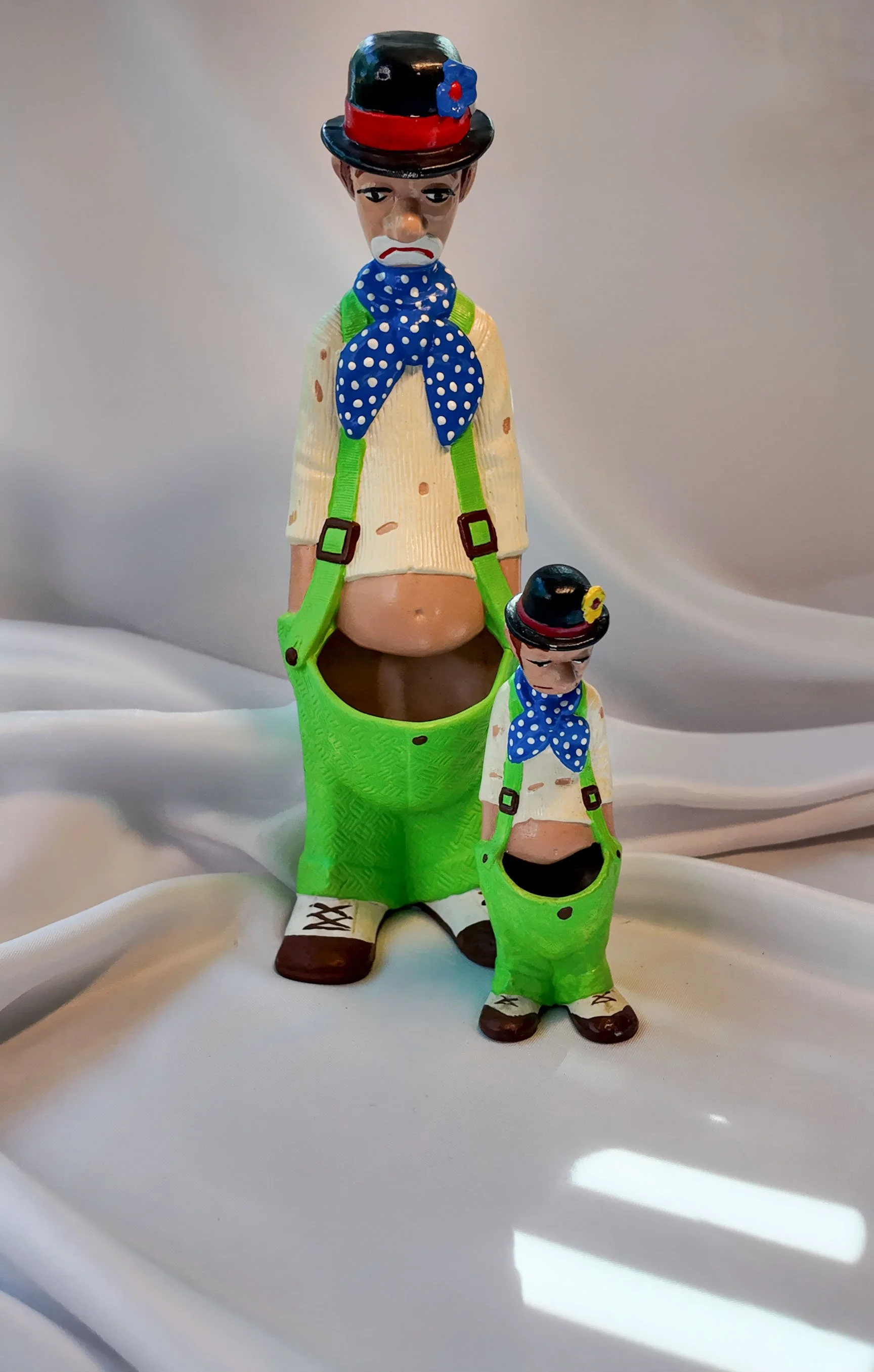 Ceramic Clown Pocket Planters, Father and Son Pair, Green Overalls