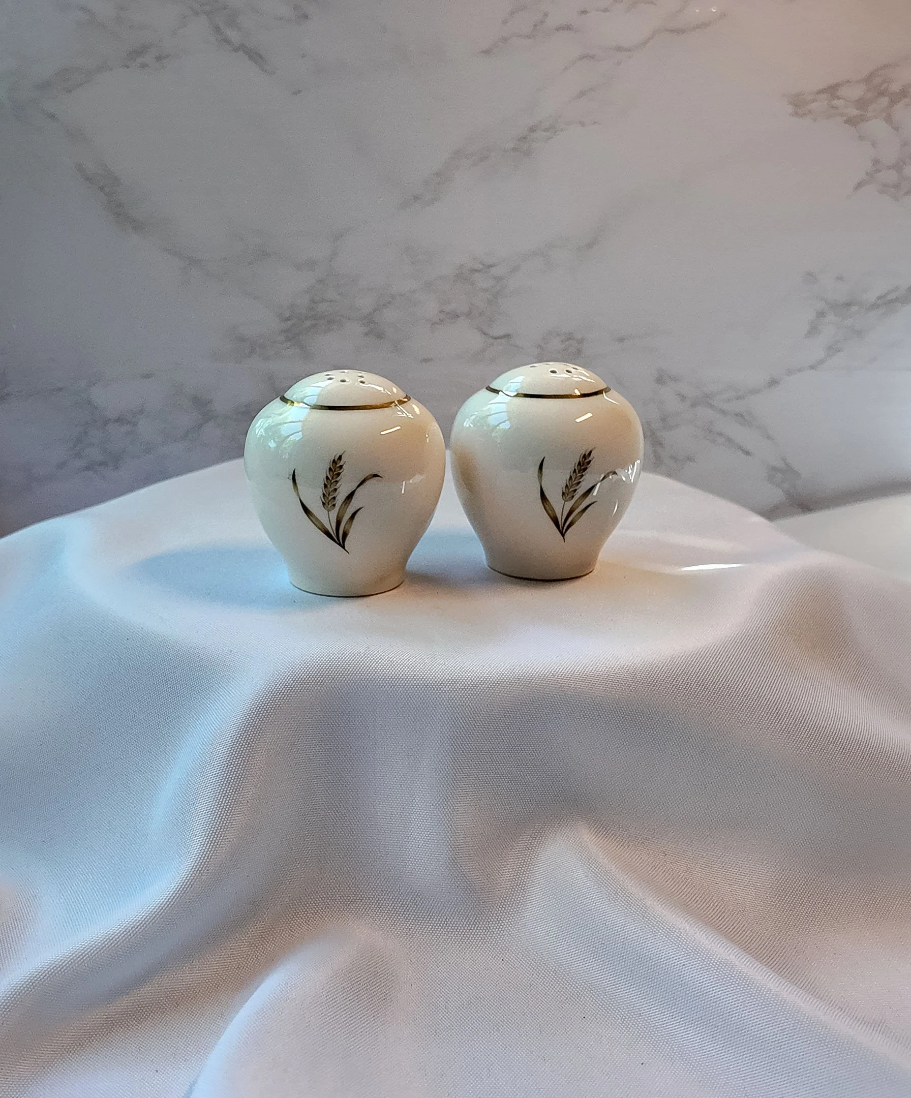 Mid-Century Wheat Salt and Pepper Shakers, Gold Trim, Porcelain