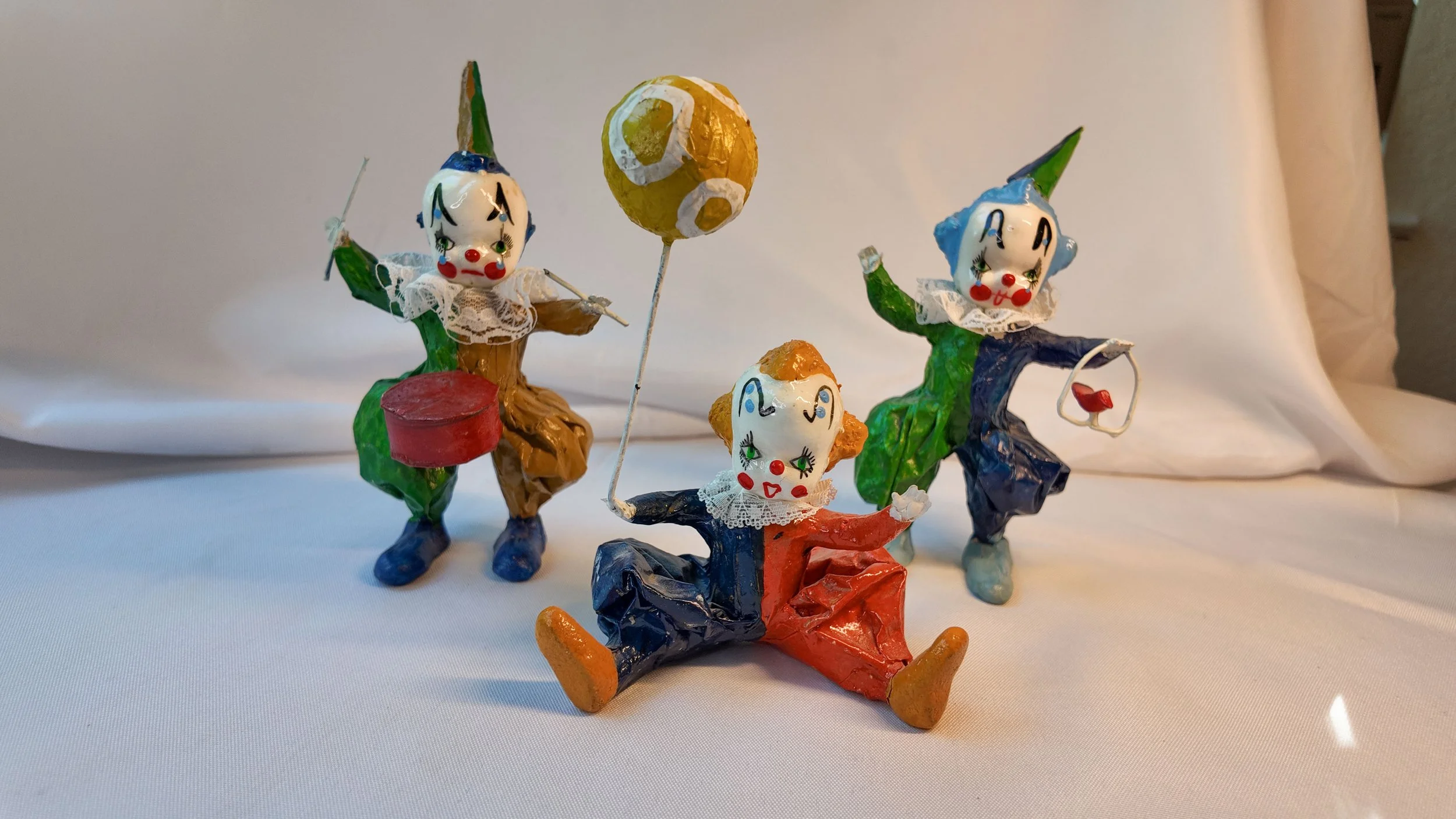 Mexican Paper Mache Circus Clown Trio, Drummer, Balloon Seller, Dancer