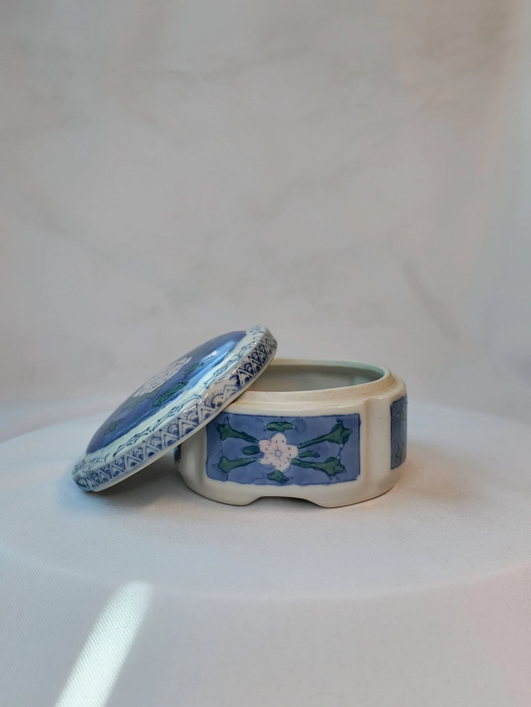 Chinese Porcelain Trinket Box, Blue Panels with Peony Lid