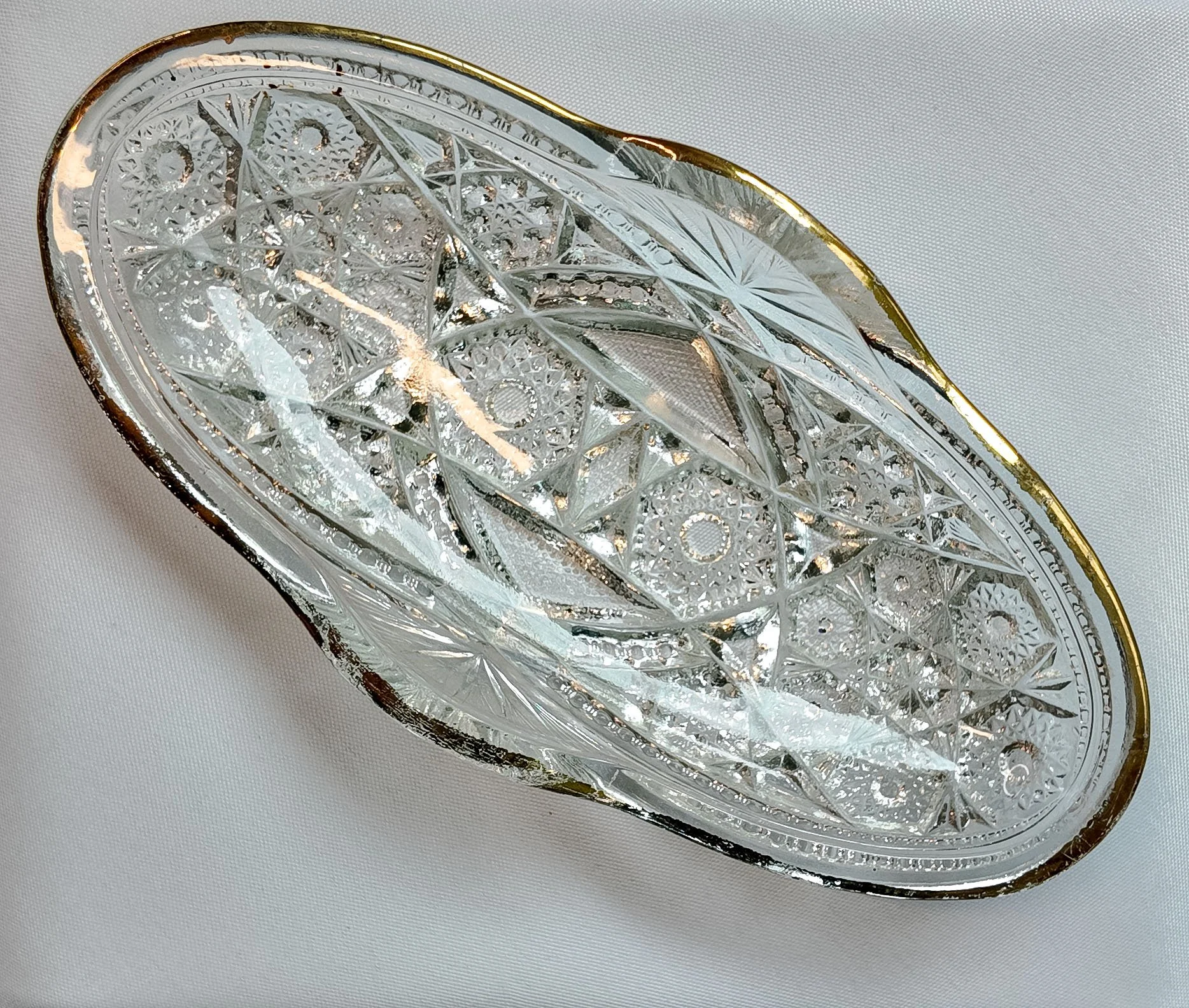 Vintage Pressed Glass Oval Relish Dish, Hobstar & Fan, Gold Rim