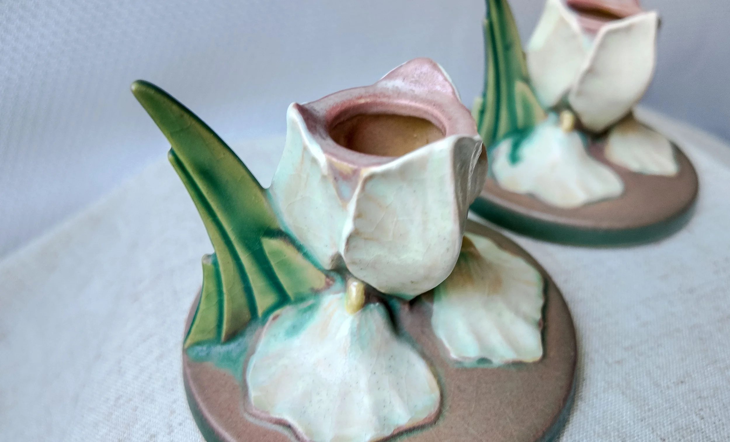 Roseville Pottery Iris #1134 Candleholders, Pair, 1939