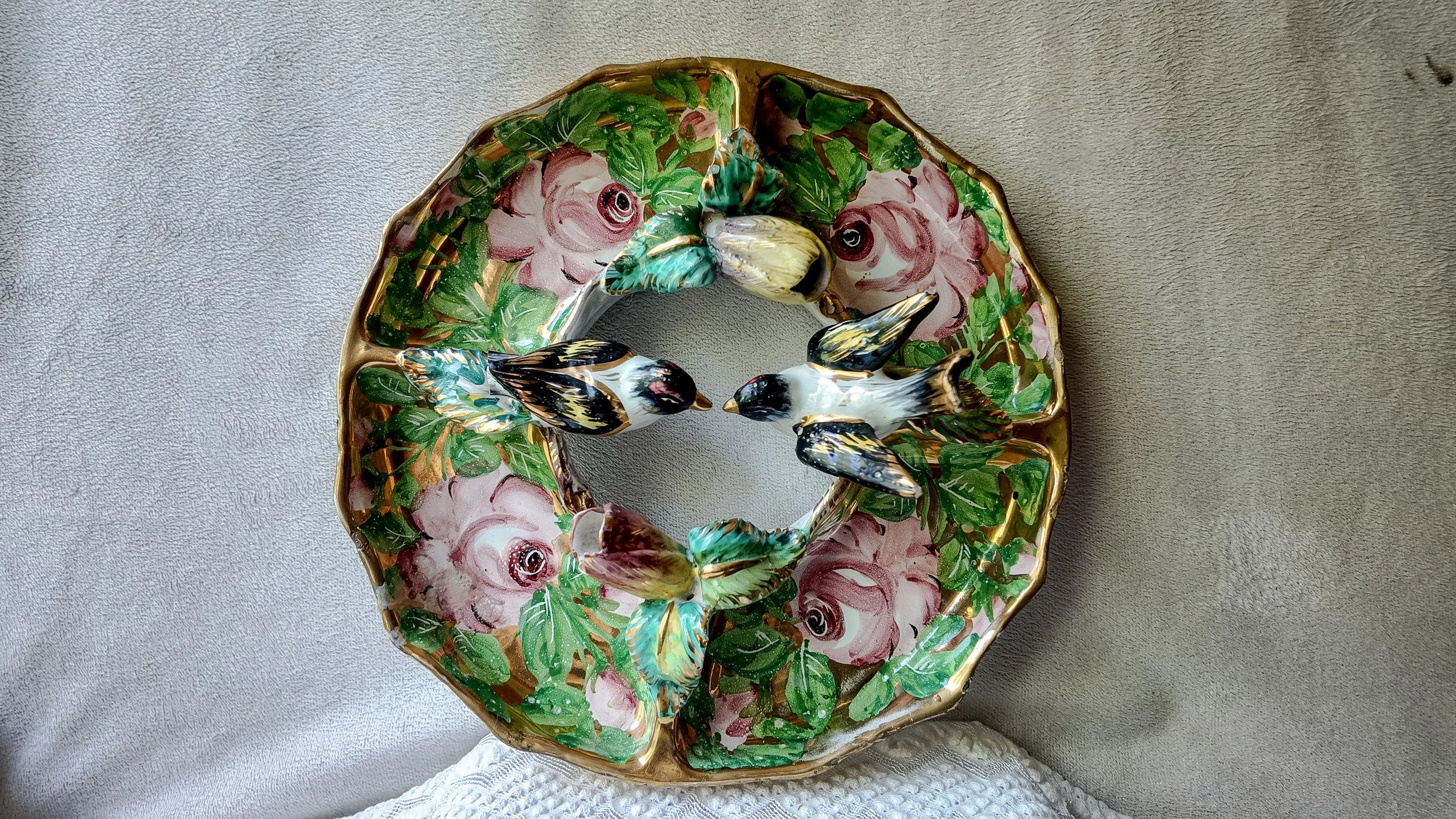 Capodimonte-Style Gilt Rose & Birds Centerpiece (~11.5 in, AS IS)