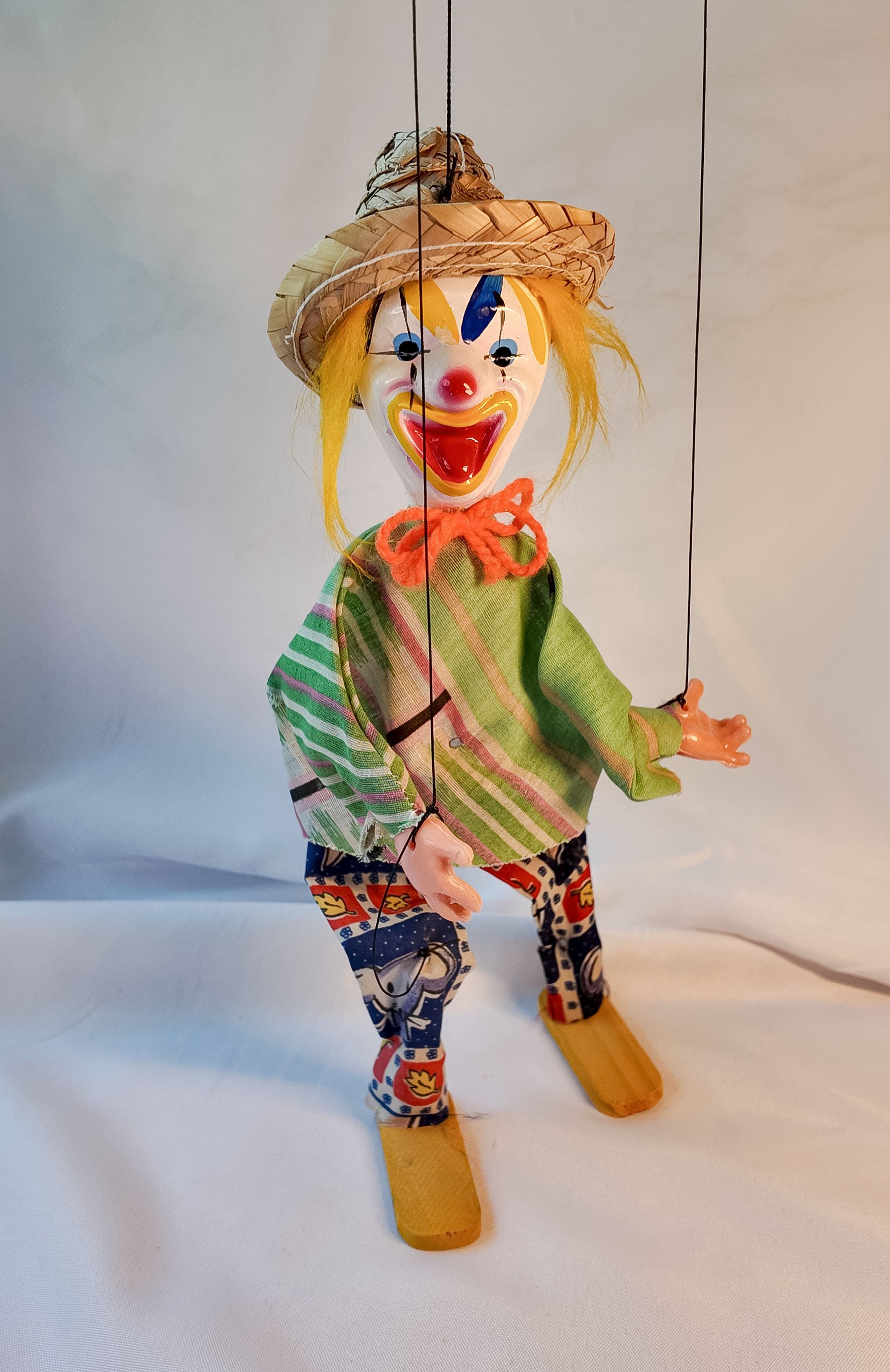 Mexican Folk Art Clown Marionette, Straw Hat, Paper Mache and Cloth