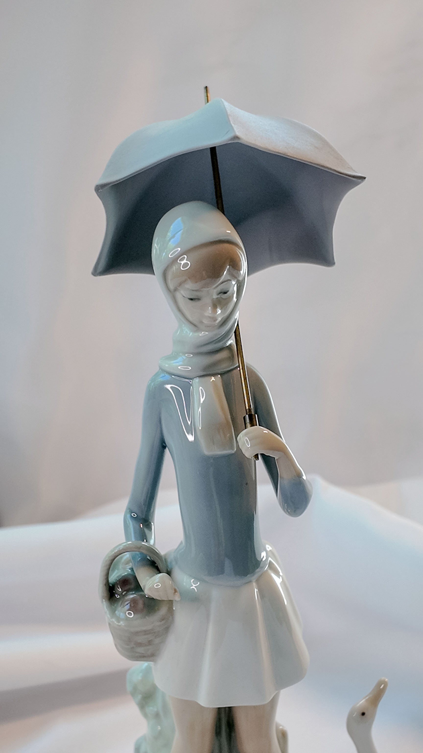 Lladro #4510 Girl with Umbrella and Geese, Glazed Porcelain, 10.5 in