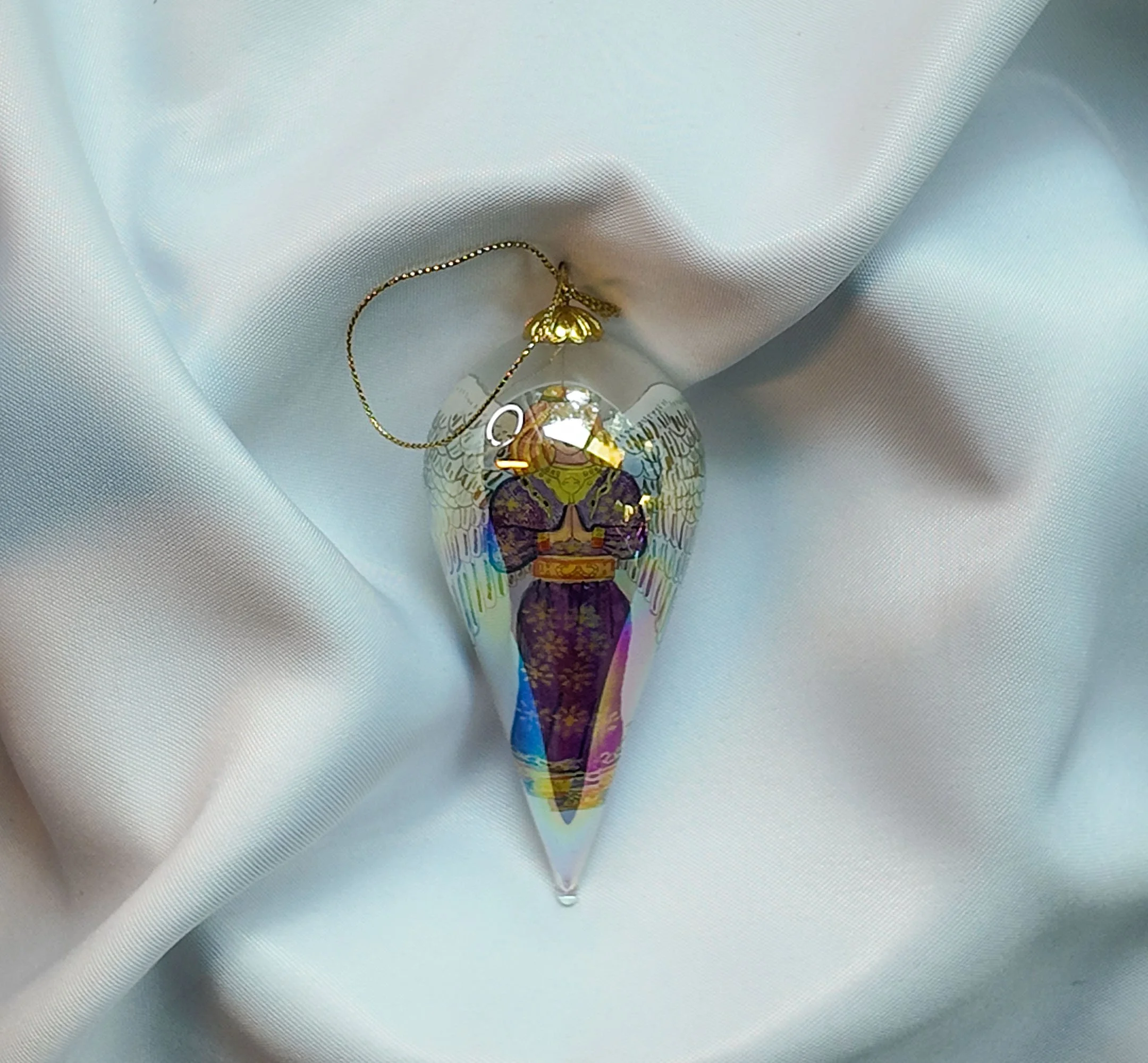 2001 Li Bien Reverse Painted Glass Angel Ornament, Purple Velvet Box