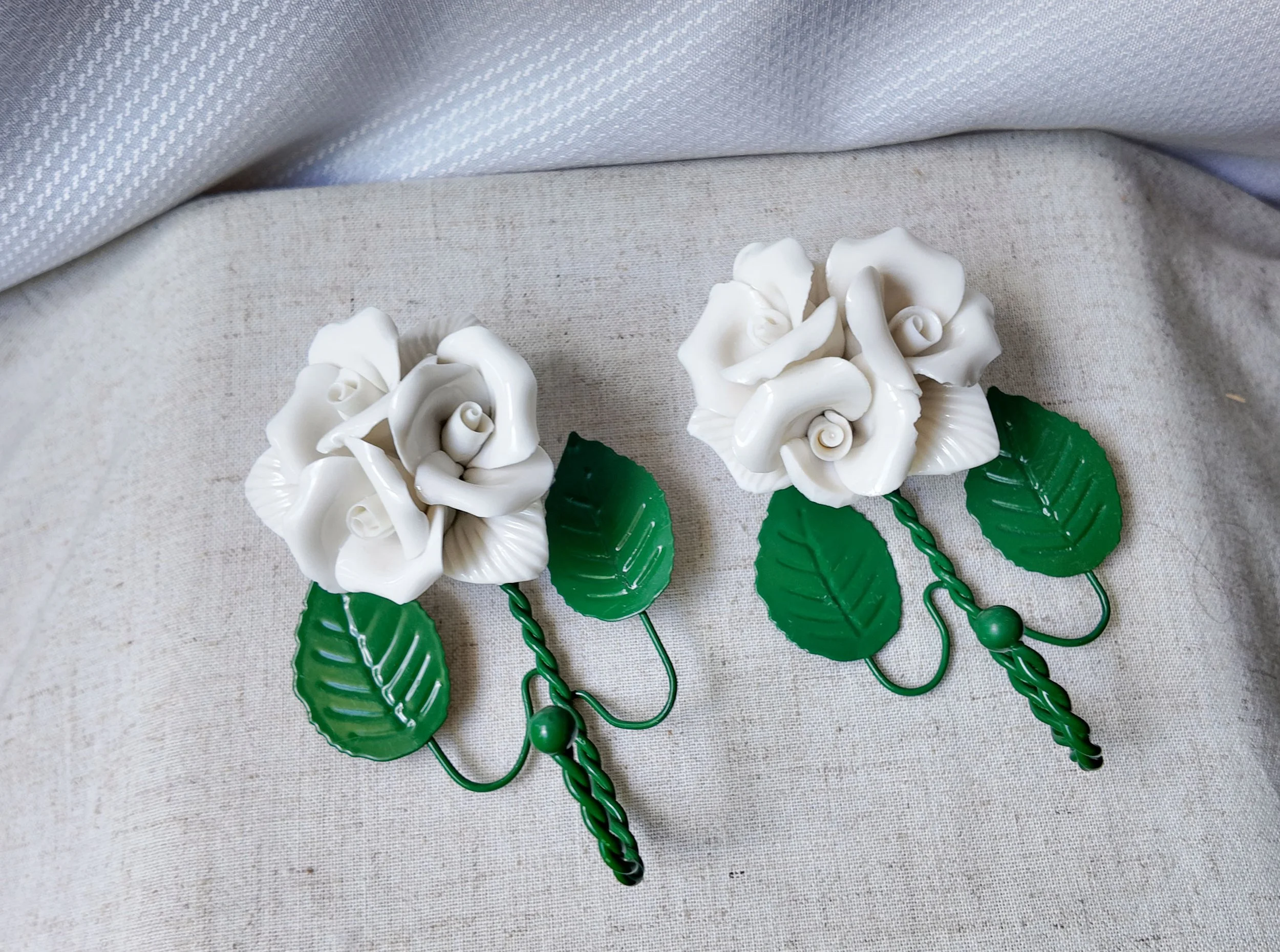 Vintage Porcelain White Rose Wall Hooks, Pair, Cottagecore