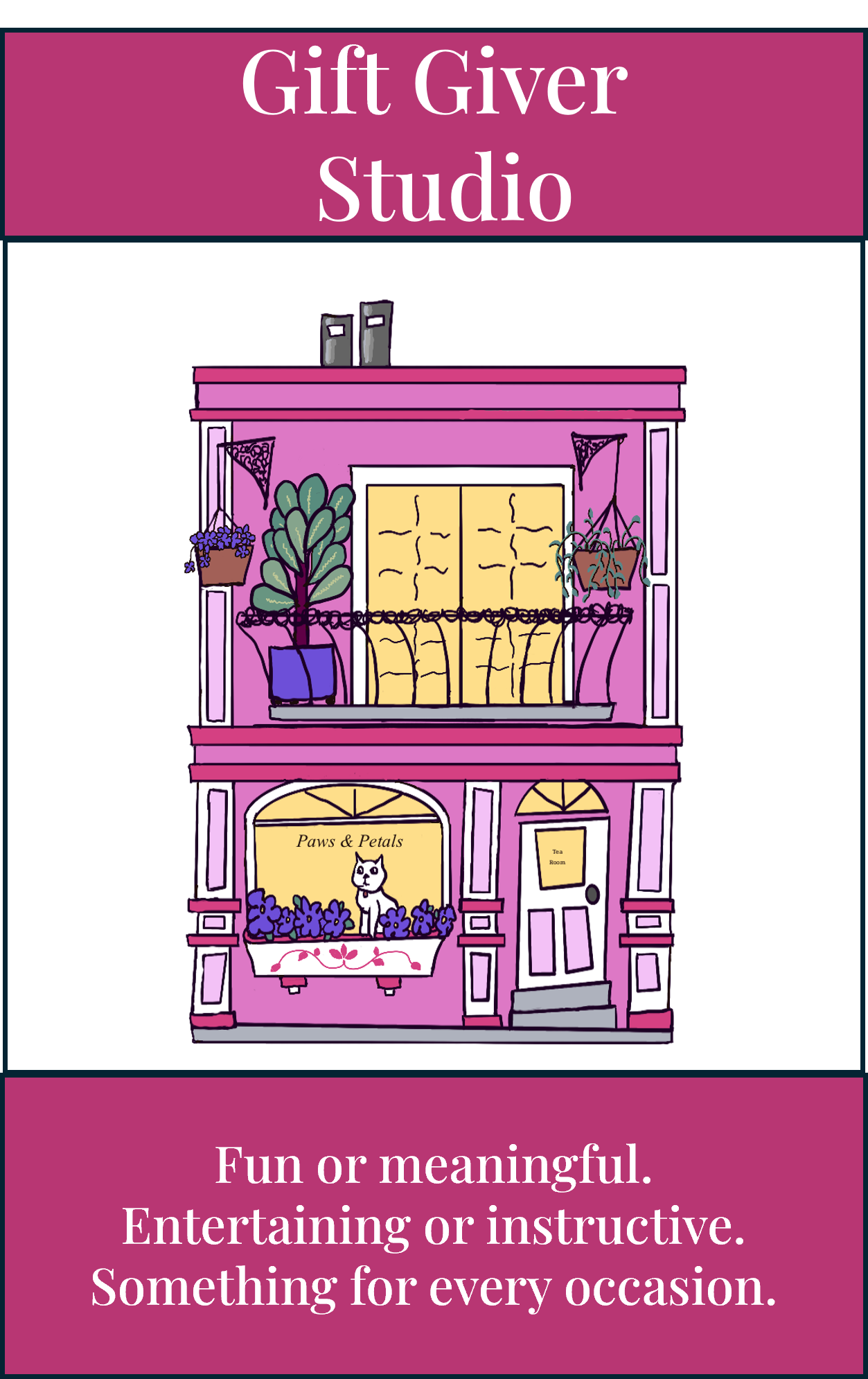 A pink storefront with the sign 'Gift Giver Studio' at the top. The building has a shop window with a white cat and purple flowers, and a door on the right. The bottom part has text promoting the studio as fun, meaningful, entertaining, and suitable for every occasion.
