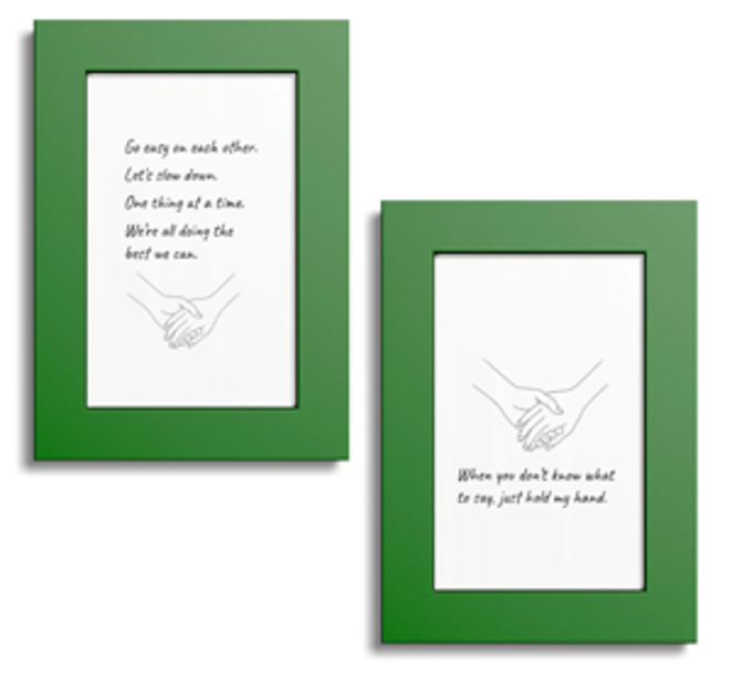 Two green photo frames with quotes about kindness and understanding, each featuring a sketch of two hands reaching out to each other.