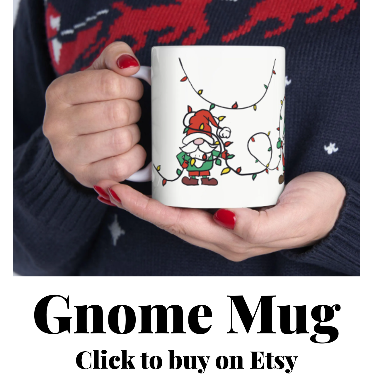 Person holding a white ceramic mug with Santa Claus and holiday lights design