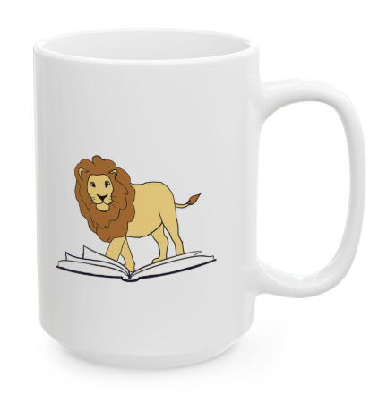 White coffee mug with a cartoon lion standing on an open book design.