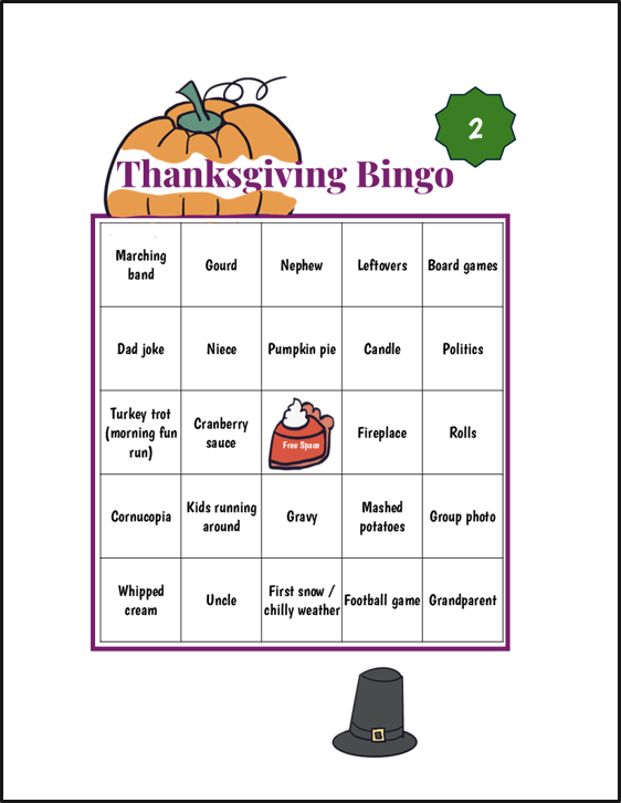 Thanksgiving themed bingo game with food, activities, and family-related words, featuring a pumpkin banner at the top and a pilgrim hat at the bottom.