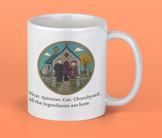 White mug with an illustration of a churchyard, featuring two people and trees. The mug has text that reads, "Vicar. Spinster. Cat. Churchyard. All the ingredients are here."
