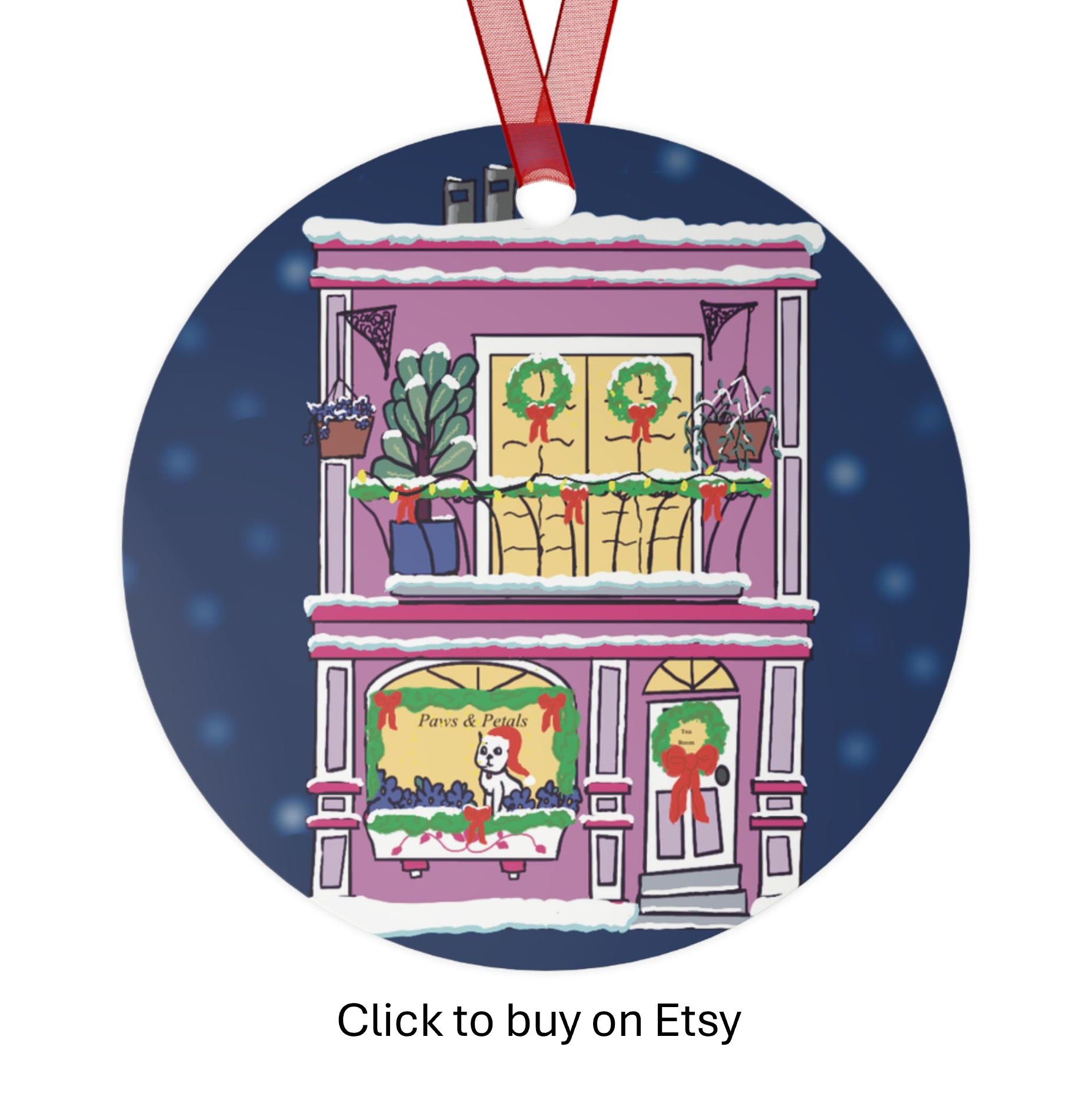 Decorative illustration of a pink house with snow-covered roof, wreaths, and holiday decorations, set against a dark blue circular background with snowflakes.