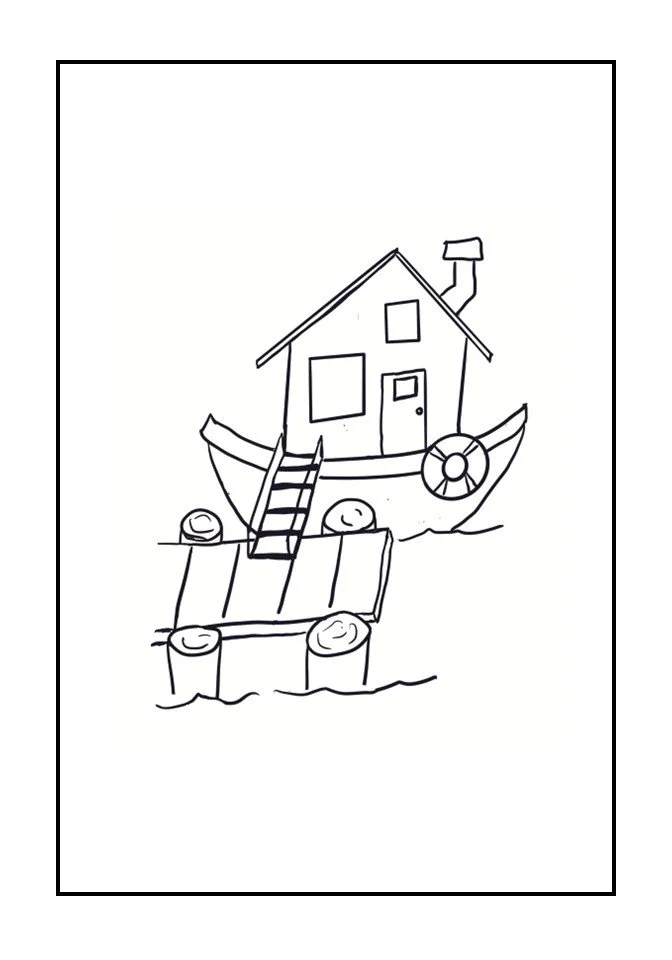Black and white sketch of a house on a boat, docked at a pier with logs, stairs, and water around.