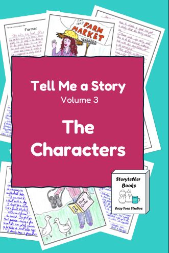 Book titled 'Tell Me a Story Volume 3 The Characters' surrounded by story pages and illustrations about farm market, storytelling, and characters.