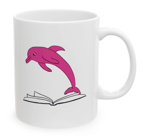 A white mug featuring a cartoon pink dolphin jumping over an open book.