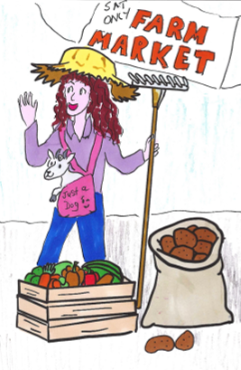 A woman with long red hair wearing a yellow hat, purple sweater, and blue jeans stands at a farm market. She has a small dog on her chest and is waving. The stand has a sign that reads "Farm Market" and displays a crate of fresh vegetables, a large bag of potatoes, and some potatoes spilled on the ground.