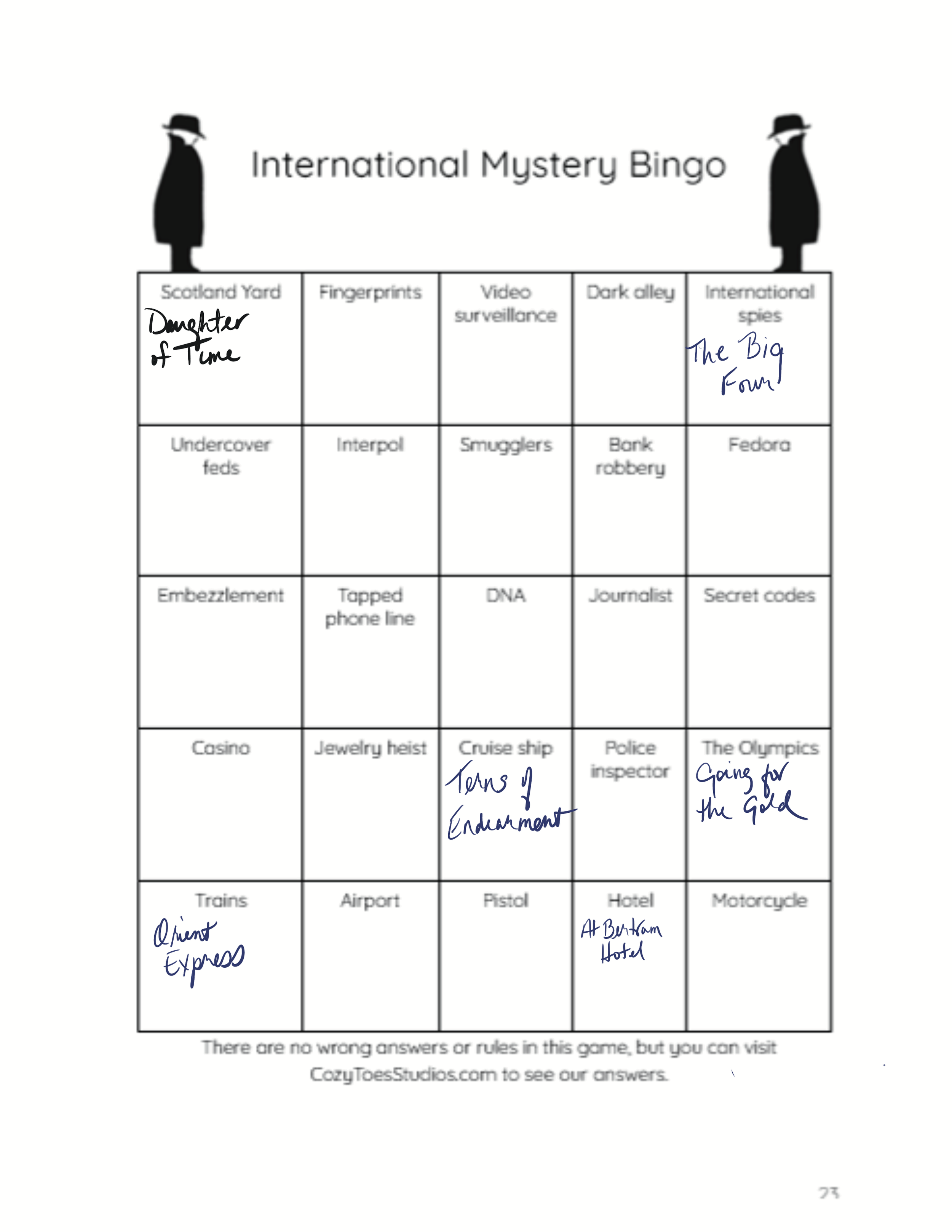 A bingo game card from the International Mystery Bingo with various clue answers written on it, such as 'Daughter of Tune,' 'The Big Fown,' 'Terra's Endorsement,' and 'Gang for the Gold,' among others.